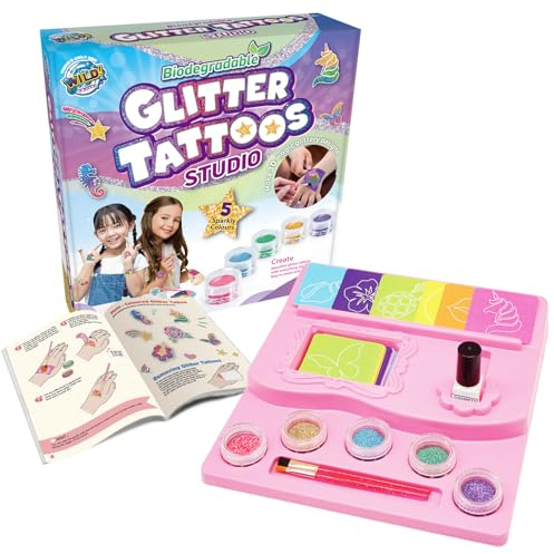 WILD! Science Glitter Tattoo Studio - Ideal Girls Birthday Gift - Temporary Tattoo Kit - Kids Makeup Sets for Girls - Safe Hypoallergenic Fun for Ages 6+ - Mix & Match Designs for Dazzling Looks