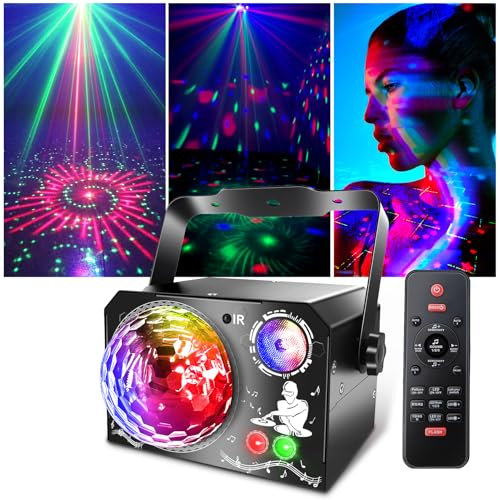 Lampe de Scène 4 en 1, Fwiull Lumière Disco avec Télécommande et Stroboscope, 65 Effets Lumineux RGB UV, USB Lumineux Boule Disco Musique Commande Vocale, Idéal Lumiere pour Soirée, Fête, Karaoké,Noël