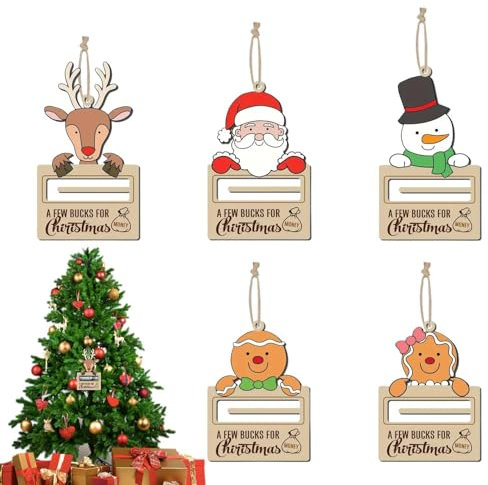 Aizuoni Porte-Monnaie Unique de Noël,Porte-Monnaie de Noël - Pince à Billets de Noël en Bois Décoration de Porte-Monnaie de Noël,Pendentif Arbre de noël, 5 pièces, Porte-Monnaie Amusant, Cadeau pour