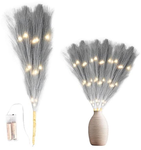 45cm Prelit Grey Pampas Grass Stem, Warm White LEDs Battery-Operated Christmas Artificial Flowers for Boho Wedding Bedroom Living Room Decorations