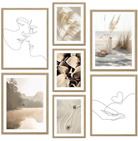 ag.art deco® Poster Set 7 Boho Wandbilder mit Holz Rahmen | Pampasgras, Strand, Abstrakt, Line Kunst | Mehrteilige Beige Wanddeko Wohnzimmer & Schlafzimmer