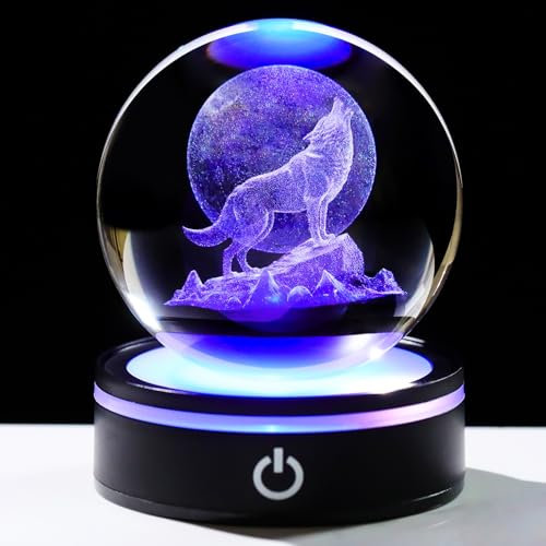 YWHL 3D-Kristallkugel, Mond, Wolf, Figur mit buntem LED-Sockel, Laser-Wolf, Geschenke für Damen, Herren, Wölf-Liebhaber, zu Weihnachten, Geburtstag, Wolf-Statue, Glas-Tier-Dekokugel für Heimdekoration