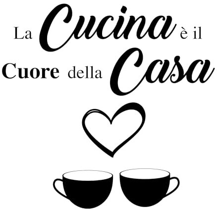Adesivi Murali Cucina con 2 Tazzine e Cuore - Decorazioni Casa e Parete - Frase 'La Cucina è il Cuore della Casa' - Adesivi Murali Cucina per Decorazioni da Parete e Oggetti Decorativi per la Casa