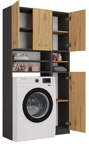 BDW - Set di mobili da bagno - Scaffale e mobile per lavatrice con ripiano - 180x96x30 cm - Spazioso set da bagno, in robusto pannello laminato - Antracite/Rovere Artigianale