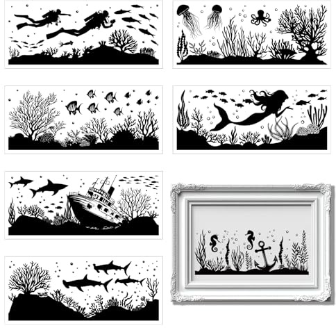 GLOBLELAND 8 Blatt Sommer Meerestiere Silhouette Einmachglas Aufkleber 21x9 cm Hai Quallen Wasserdicht Transparente PVC Silhouette Kunststoff Wandaufkleber Für Wände Fenster Glas Heimwerken