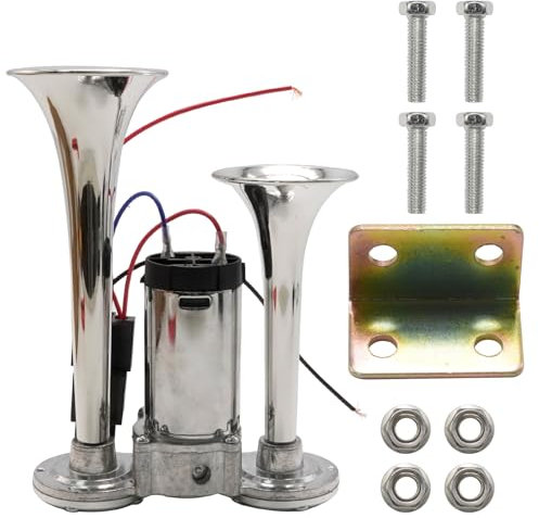 Hoypeyfiy Silver 600DB Air Horn with Compressor, Universal Chrome 12V Dual Trumpet Air Horn Kit for Truck Boat Train Car and Yacht
