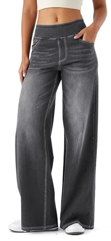 LaiEr Damen Denim Hose mit weitem Bein, hohe Taille, gerades Bein, lockere Passform, Unregelmäßiger handgeriebener Katzenschnurrhaarverlauf hohe Elastizität Casual Jeans(Medium GrauM)