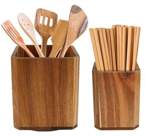 GUIJZSLTRG 2Pcs Wood Utensil Holder 360° Rotating Acacia Utensil Crocks Multipurpose Cooking Spoon Spatula Organizer Kitchen Tool Storage Accessories Rack for Pub Restaurant Countertop(2pcs)