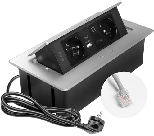 GTV – Enchufe empotrable MULTISOFT aluminio con 2 enchufes con tierra, USB A+C, RJ45, retráctil con tapa, cable de 1,5 m, para cocina, oficina, conferencias y mesa de trabajo