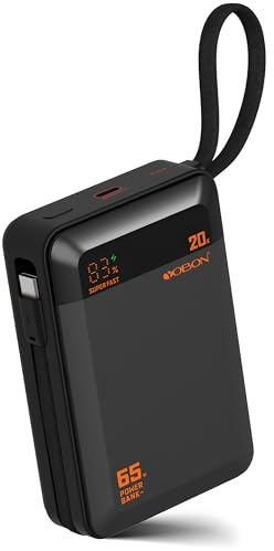 Power Bank 65W Portable Charger for Laptop & Phone, 20000mAh Fast Charging Battery Pack with Built-in USB C Cable, Compact Travel Charger for iPhone 17/16/15, Tablet and More
