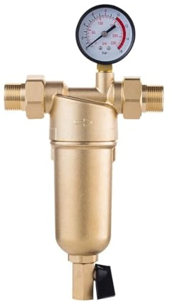 Heißwasser-Vorfilter Vollmessing-Reinigungssystem Edelstahlgewebe Vorfilter mit Manometer Heißwasser Mit hoher Filtrationsrate und hohem Durchfluss(Brass with gauge,25MM 0.75 inch)
