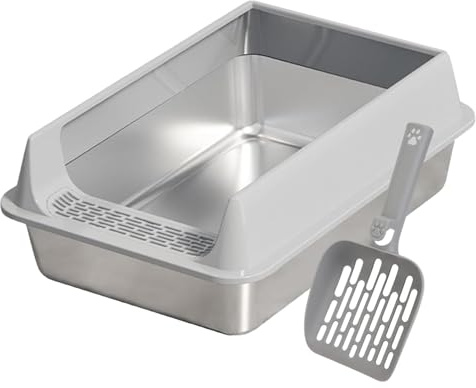 MEISO Litiere Acier Inoxydable, Bac Litiere pour Chat, Maison Toilette Chat Semi fermé avec Protection Contre éclaboussures, Pelle de Nettoyage Inclus, Litière pour Grands Chats, Chatons Et Lapins
