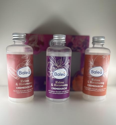 Balea Relax & Harmony Cremedusch-Set – 3x 100 ml – Geschenkbox mit fruchtigen & würzigen Düften (Zimt-Kirsche, Mandarine-Rosmarin, Johannisbeere-Nelke) – Pflegende vegane Cremedusche für Frauen