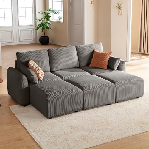JINOVIA Modulares Ecksofa 254cm, modernes Cord-Schlafsofa mit Hocker, individuell konfigurierbare Wohnlandschaft, hochdichter Memory-Schaum, abnehmbare & waschbare Kissenbezüge, Grau