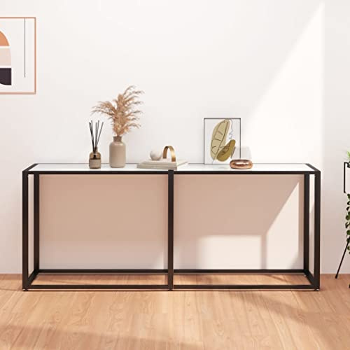 mtlskopl Table console blanche aspect marbre 180 x 35 x 75,5 cm Table d'appoint en verre trempé et acier Table latérale moderne pour salon, couloir, chambre à coucher