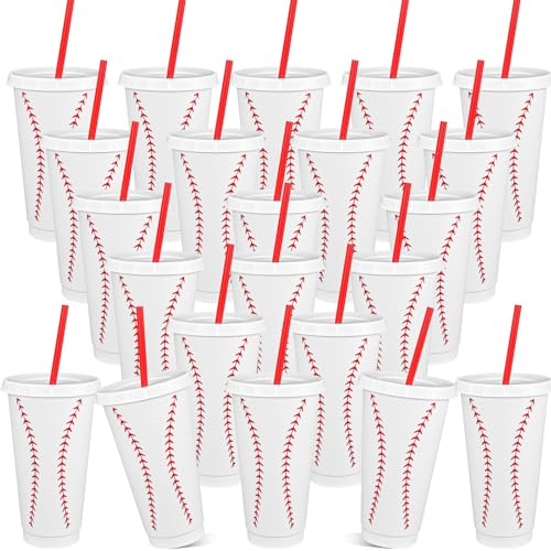 YFNVH 24 Pack Sport Themed Party Plastic Cups with Lids and Straws, 710ml Reusable Baseball Tumblers Bulk for Kids Birthday, Sports Theme Party Decorations & School Sports Day Favors