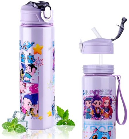 Vilntrosia 750ML/25OZ Water Bottle with Straw,K-popS Double-Sided Cartoon Pattern Girls Boys Water Bottle,Leakproof Kids Water Bottles With Handle,Drinks Bottle for School,Camping,Travel,Party