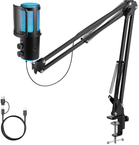 FerBuee Microphone de Jeu PC USB avec lumière RGB. Microphone à Condensateur avec Bouton Muet, Réglage du Volume, Fonction Écho, Prise d'écoute Casque. Compatible avec Mac, Windows, PS4/PS5