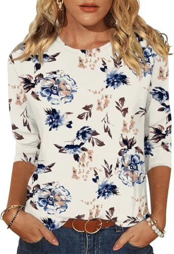 Arevill Womens 3/4 Sleeve Cotton T-Shirt Round Neck Plain & Print Tops | Lightweight, Soft and Comfortable, Basic Tops for Everyday Wear