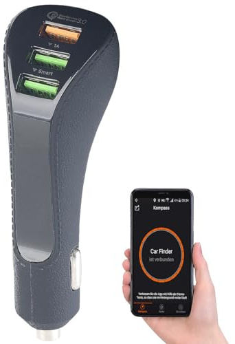 Lescars Kfz-Tracker: 3-Port-Kfz-USB-Ladegerät, QC 3.0, Standortmarker, Bluetooth, 12/24 V (Tracker als Ortungsgerät, USB Ladegerät Kompatibel mit Samsung, HTC)