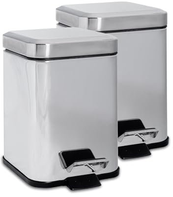 Harbour Housewares 3L Bathroom Bins - Chrome - Pack of 2 - Square Stainless Steel Pedal Bin Slim Kitchen Rubbish Trash Can Garbage Dustbin with Lid and Inner Liner Bucket