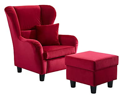 lifestyle4living - Moderner Ohrensessel mit Hocker – Große Auswahl an Stoffen und Farben - Gemütlicher Designer-Sessel im eleganten Landhaus-Stil, Samtrot