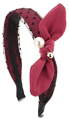 Hipster Boho élégante Rouge Noeud Papillon Perle Cheveux Cerceau Bandeau Bande Cheveux Couronne avec Pointillés Dentelle