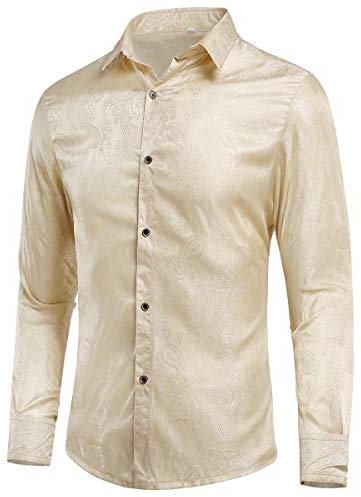 Allthemen Mens Paisley Shirt Jacquard Long Sleeve Shirts | Mens Button Down Dress Shirts Luxury Printed Floral Shirt Regular Fit Casual Tuxedo Shirts for Wedding Dinner Prom