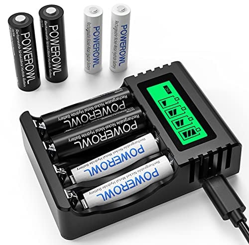 POWEROWL 4 Slot Caricabatterie Indipendente per AA AAA Ricaricabili Batteriei Ni-MH,Caricatore Ricarica Rapida USB +4 PCS AA Batterie 2800mAh+ 4 PCS AAA Batterie Ricaricabili 1000mAh