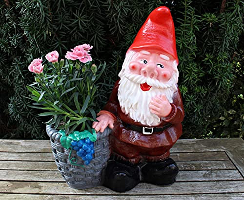 OMÜ Otto Müller Gartenzwerg stehend mit Pflanztopf zum Bepflanzen Figur Zwerg H 37 cm Gartenfigur aus Kunststoff