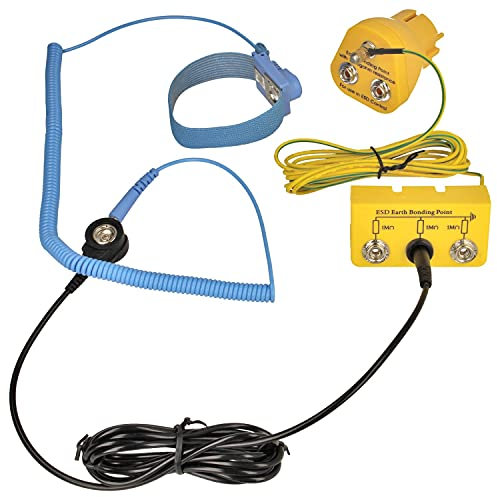 Minadax Erdungsbaustein Innovativer ESD Antistatik Erdungsstecker - 1 Megaohm + Erdungsbox mit 2,80m Kabel + Handgelenkmanschette mit 2,4m Verlängerung