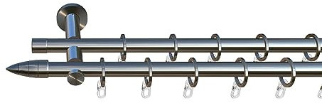 tilldekor Gardinenstange nach Maß, Menorca, 2-lauf, Edelstahl-Optik 20 mm Durchmesser, Wunschmaßlänge 220 cm inkl. Trägern,Endstücken, Ringen und Faltenlegehaken