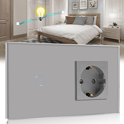 BSEED Interruptor con Enchufe,1 Gang 2 Vías interruptor tactil pared+16A 250V Enchufe de pared,Panel de cristal Interruptor conmutador de superficie,Schuko Enchufe Gris