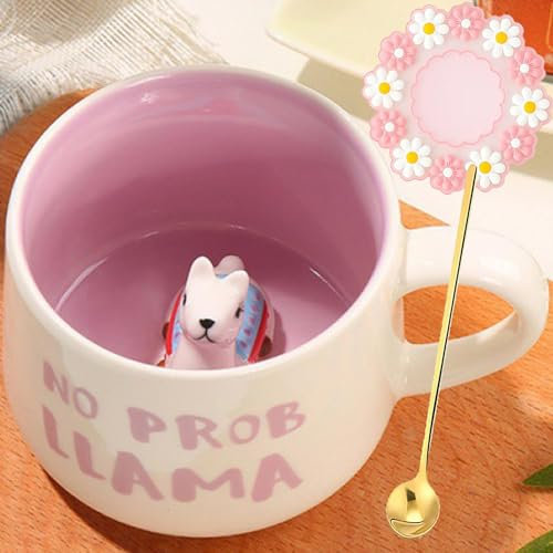 Alpaka Tasse Geschenk lustig 3D Tier Keramik Teetasse mit Löffel & Untersetzer 350 ml große Kaffeetasse Witz weiche Tasse Tee Kaffee Tasse Geburtstagsgeschenk für Freund Frau