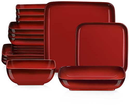LOVECASA Serie Vibri Vajilla Completa de Gres para 4 Personas Set de 16 Piezas: Platos Vintage de Cena 25,5 cm, Platos de Postre 18,8 cm, Platos de Sopa 1050 ml y Cuencos 800 ml, Rojo Gradual