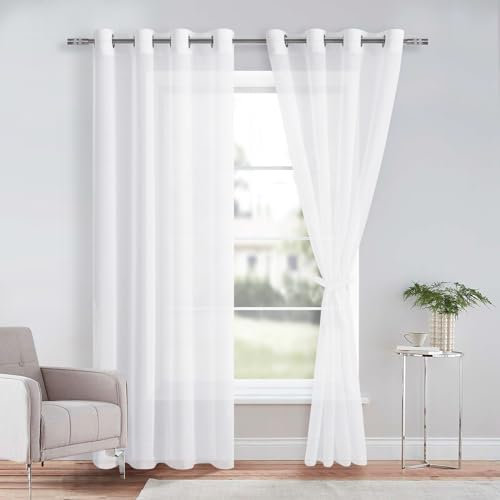 DWCN White Sheer Curtains with Tiebacks Semi Transparent Voile Curtains 81 Drop Pair for Bedroom and Living Room, 2 Panels, W56 x L81