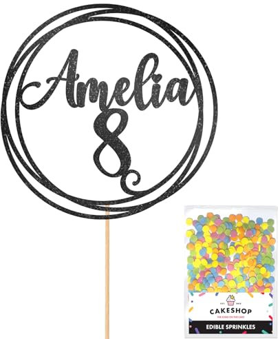 Personalised Round Happy Birthday Glitter Cake Topper - Black Any Custom Age & Name Glitter Cake Decoration and Sprinkles - Happy Birthday Decorations - Personalised Toppers for Cakes by Cakeshop