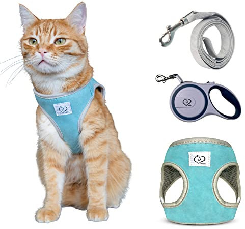 Belffy Katzen-Geschirr und Leine Set mit automatischer Leine für Katzen, Kätzchen, Welpen oder Hunde. Ausbruchsichere Jacke und Leine für große, mittlere und kleine Haustiere (Klein, Blau).