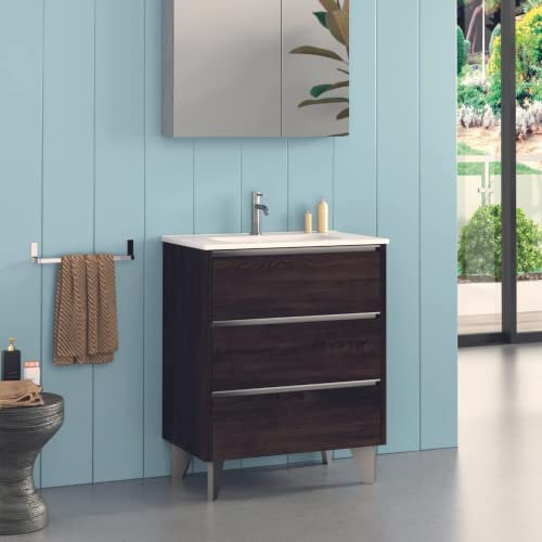 Mueble de Baño al Suelo con Lavabo Cerámico Escorpio | Mueble Baño con Patas de 3 Cajones con Cierre Amortiguado y Organizador Máximo Almacenamiento | Wengue Tirador Cromo | 80cm