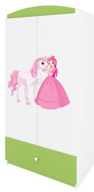 Générique Babydream Kleiderschrank Prinzessin und Pferd – aus Spanplatten 90 x 57 x 187 cm, Farbe Grün, mit Regalen und Schublade