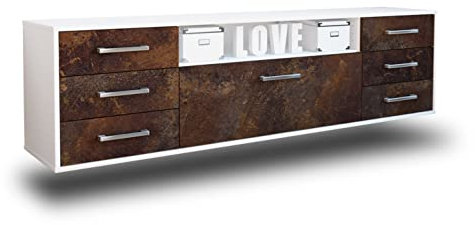 Lqliving TV-Board Lowboard Beatrice, Wandmontiert, Korpus in Weiss matt, Front im antik rostigen Industrie-Design (180x49x35cm), mit Metall Griffen, Made in Germany