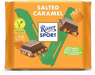 Ritter Sport Vegan Salted Caramel, Schokolade-Kuvertüre mit knusprigen & gesalzenen Karamell-Stückchen, perfekt zum Naschen und Genießen, 100g Tafel