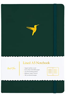 Yop & Tom Kolibri-Notizbuch, liniert, mit schönem Kunstledereinband und extra dickem 120 g/m²-Papier, Waldgrün