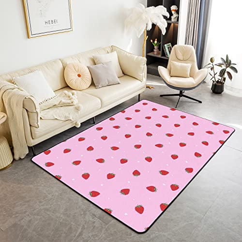 Erdbeere Bereich Teppich 160Bx220L für Kinder Mädchen,Tropische Früchte Nicht Shedding Teppich,Kawaii Erdbeere Teppich,Erdbeere Dekor Teppich Niedlichen Cartoon Dekor für Wohnzimmer Schlafzimmer,Rosa