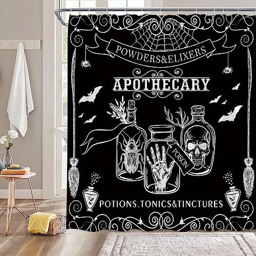 NYDSZNE Rideau de douche Halloween noir gothique tête de mort main psychique Ouija chiromancie sorcière bohème horreur chauve-souris araignée cool mystérieux salle de bain décoration rideau en tissu