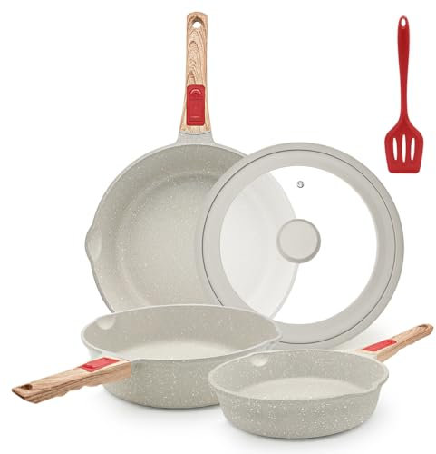 AIKENBBKK Juego de Sartenes Antiadherentes de 5 Piezas, sartén 20/24/28 cm con mango extraíble Sartenes para freír con tapa, aptas para todas las placas, aptas para horno y lavavajillas (Blanco)