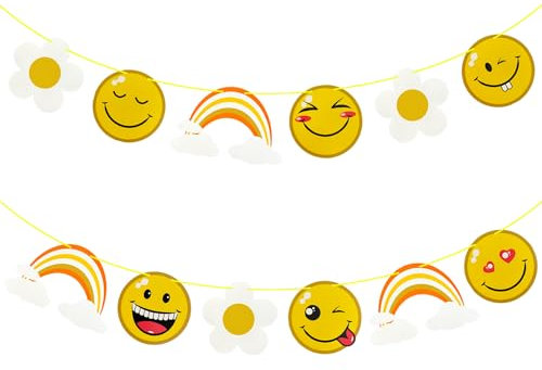 Oblique Unique® Smiley Girlande mit Blumen und Regenbögen Hängedeko Banner zum Dekorieren für Kinder Geburtstag Motto Party Deko
