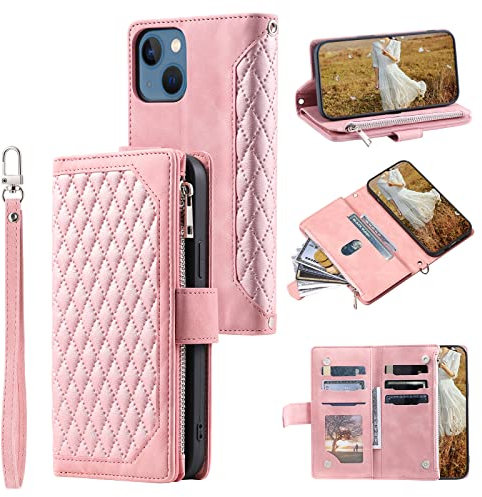 QLTYPRI Wallet Case for iPhone 13(6.1 inch),Luxury Quilted PU Leather Wallet Case with Card Slots for Women,Magnetic Zipper Purse Case with Wrist Strap Kickstand Shockproof Flip Cover-Rose Gold