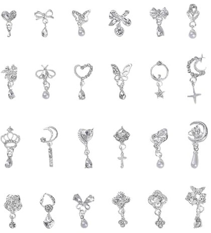 3D Nail Charms, 24 Pcs Shiny Nail Rhinestones Gems Butterfly Flower Heart Bow Dangle Nail Art Charms Silver Metal Nail Jewelry Luxury Nail Art Decoration for Nail Design DIY Crafts