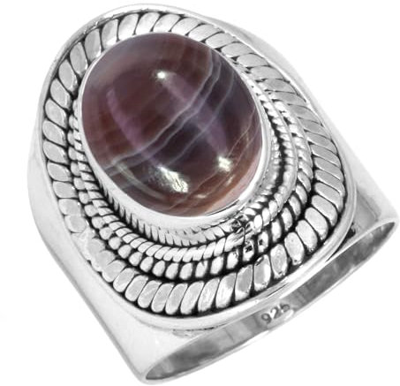 Jeweloporium Silberring mit mehrfarbigem Achat, Größe 50 (15,9), 925er Sterlingsilberring für Damen, echter ovaler Stein, Boho-Schmuck